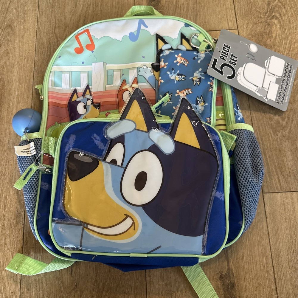 16" Bluey 5 Piece Set Backpack School bag With Lunch Box 3D Ears-NWT